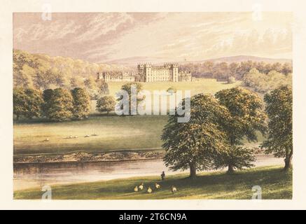 Floors Castle, Roxburghshire, Schottland. Landhaus, erbaut in den 1720er Jahren von dem Architekten William Adam für John Ker, 1. Duke of Roxburghe, verziert mit Türmen und Zinnen von William Playfair für James Innes-Ker, 6. Duke, um 1837. Farbholzblock von Benjamin Fawcett im Baxter-Prozess einer Illustration von Alexander Francis Lydon von Reverend Francis Orpen Morriss malerische Ansichten der Sitze von Adligen und Herren von Großbritannien und Irland, William Mackenzie, London, 1880. Stockfoto