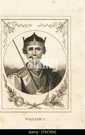 Ovales Porträt von König Wilhelm I. von England, Wilhelm dem Eroberer, 1028–1087. In Krone, Mantel und Wappen, mit Schwert. Kupferstich aus M. A. Jones History of England von Julius Caesar bis George IV., G. Virtue, 26 Ivy Lane, London, 1836. Stockfoto