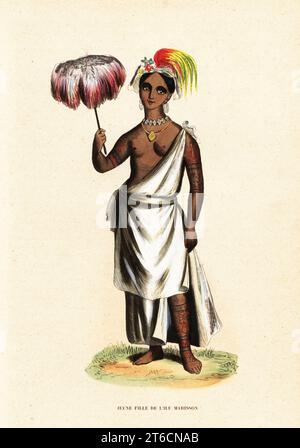 Piteenee, eine junge Frau aus Nuku Hiva, Marquesas-Inseln (Französisch-Polynesien). Sie trägt ein weißes Kleid, eine Kauriekette, einen Federkopfschmuck und hat tätowierte Gliedmaßen. 18-jährige Enkelin des Taiohae-Häuptlings Gattanewa und der Freundin von Captain David Porters. Jeune fille de lile Madisson. Handkolorierter Holzschnitt von A. Vangauberghe nach Captain David Porter aus Auguste Wahlen's Moeurs, Usages et Kostüumes de tous les Peuples du Monde, (Manners, Customs and Kostüumes of all the People of the World) Librairie Historique-Artistique, Brüssel, 1845. Stockfoto