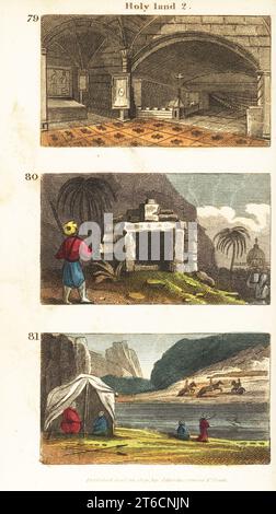 Historische Ausblicke auf das Heilige Land. Die Grotte von Nazareth 79, Jacobs gut bei Sychar (Nablus) 80 und Pilger am Ufer des Jordaniens 81. Handkolorierter Kupferstich von Rev. Isaac Taylors Scenes in Asia, for the Amusement and Instruction of Little tarry-at-Home Travelers, John Harris, London, 1819. Stockfoto