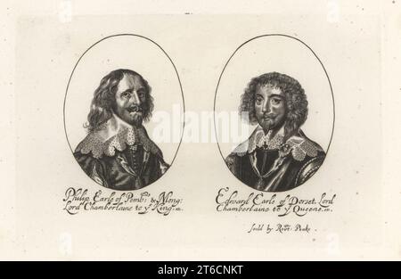 Philip Herbert, 4. Earl of Pembroke und 1. Earl of Montgomery, 1584–1650, englischer Höfling, Adliger und Politiker. Edward Sackville, 4. Earl of Dorset, 1591–1652, englischer Höfling, Soldat und Politiker. William Faithorne, verkauft von Robert Peake. Kupferstich aus der Samuel Woodburns Gallery mit seltenen Porträts bestehend aus Original Plates, George Jones, 102 St Martins Lane, London, 1816. Stockfoto