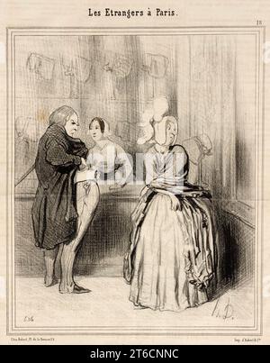 Le Chapeau qu'on rapporte de Paris, 1844. Der Hut, der aus Paris zurückgebracht wurde. 'T'as beau dire que ce Chapeau-l&#xe0; fera beaucoup d'effet &#xe0; Landerneau!...quatre vingt cinq Francs! c'EST cher bobonne!...tu te donnes des marabouts mais c'EST moi qui suis plum&#xe9;!...'. Irritierter Ehemann: "Sie können sagen, dass dieser Hut in Landerneau sehr bewundert werden wird! Es ist teuer, meine Liebe, du gibst dir selbst Luft, aber ich muss bezahlen! Serie: Les &#xc9;Tranger &#xe0; Paris, Nr. 18; Periodikum: Le Charivari, 23. August 1844. Stockfoto