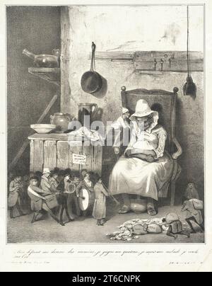 MON d&#xe9;funt me donne des num&#xe9;ros.., 1833. 'Mon d&#xe9;funt me donne des num&#xe9;ros, je gagne un quaterne, je re&#xe7;ois une aubade, je roule sur l'Or'. Alte Frau: 'Mein verstorbener Mann gibt mir Lottoscheine, ich habe vier Gewinnzahlen, ich bekomme eine Serenade, ich rolle in Gold!' Serie: L'Imagination; Periodikum: Le Charivari, 14. Januar 1833. Stockfoto