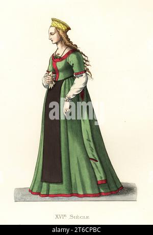 Edle junge Frau von Danzig, Polen, 16th. Jahrhundert. In Goldkrone, grüner Seidenrobe, braune Schürze, langes blondes Haar. Jeune Fille de Dantzick. Handkolorierte Lithographie nach einer Illustration von Edmond Lechevallier-Chevignard aus Georges Duplessis Costumes historiques des XVIe, XVIIe et XVIIIe siecles (Historische Kostüme des 16th., 17th. Und 18th. Jahrhunderts), Paris, 1867. Edmond Lechevallier-Chevignard war Künstler, Buchmaler und Innenarchitekt. Stockfoto