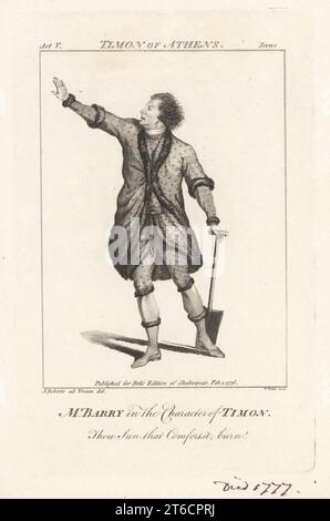 Mr. Barry in der Rolle Timon in William Shakespeares Timon von Athen, Drury Lane Theatre, 4. Dezember 1771. Mit Pelzbesatz, Dublet und Kniebundhose, mit einem Spaten. Spranger Barry, irischer Schauspieler, der in Dublin und London aufgetreten ist, verheiratete Schauspielerin Ann Dancer, 1719-1777. Copperplate-Gravur von William Walker nach einem Porträt von James Roberts von John Bell's Edition of Shakespeare, London, 1. Februar 1776. Stockfoto