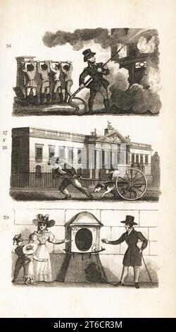 Das Feuerwehrauto, das Waren auf einem Lastwagen zieht, East India House und London Stone. Die Londoner Feuerwehr pumpt Wasser bei einem Brand 26, ein Mann, der Fracht auf einem Hundewagen 27 vor dem East India House 28 schleppt, und der London Stone in der Cannon Street, der von den Römern 29 errichtet wurde. Holzschnitt nach einer Illustration von Isaac Taylor aus City Scenes oder A Peep into London von Ann Taylor und Jane Taylor, herausgegeben von Harvey and Darton, Gracechurch Street, London, 1828. Die englischen Schwestern Ann und Jane Taylor waren im frühen 19. Jahrhundert fruchtbare romantische Dichter und Autoren von Kinderbüchern. Stockfoto