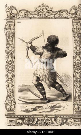Mann der Fenni oder Screrefennae (Skifinnen). Er trägt Kleidung aus Bären- und Wolfsfell, trägt Bogen und Pfeil und lange Holzschuhe wie Ski. Homme et femme de Scrifinnie. In einem dekorativen Rahmen von H. Catenacci und Fellmann. Holzschnitt von Gerard Seguin und E.F. Huyot nach einem Holzschnitt von Christoph Krieger aus Cesare Vecellios Kostüme Anciens et Modern, Habiti antichi et moderni di tutto il mondo, Firman Didot Ferris Fils, Paris, 1859-1860. Stockfoto