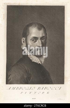 Ambrogio Barocci oder Ambrogio da Milano, italienischer Bildhauer, Architekt und Dekorateur, fl. 1470s. Von Mailand, arbeitete in San Michele in Isola, San Giobbe und San Salvador Kirchen in Venedig. Ambrogio Barocci, Pittore. Copperplate-Gravur von Pietro Antonio Pazzi nach Giovanni Domenico Campiglia nach einem Selbstportrait des Künstlers aus Francesco Moucke's Museo Florentino (Museum Florentinum), Serie di Ritratti de Pittori (Serie von Maler-Porträts) stamperia Mouckiana, Florenz, 1752-62. Stockfoto