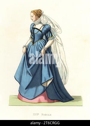 Edle Frau von Ravenna, Norditalien, 16th Jahrhundert. Sie hält ihr blaues Seidenkleid hoch, um ein Johannisbeerkleid zu enthüllen. Edle Dame de ravenne. Handkolorierte Lithographie nach einer Illustration von Edmond Lechevallier-Chevignard aus Georges Duplessis Costumes historiques des XVIe, XVIIe et XVIIIe siecles (Historische Kostüme des 16th., 17th. Und 18th. Jahrhunderts), Paris, 1867. Edmond Lechevallier-Chevignard war Künstler, Buchmaler und Innenarchitekt. Stockfoto