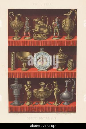 Renaissance-Vasen, Krüge, Statuetten, Figuren, Teller, etc., verwendet, um königliche Häuser aus dem 16. Jahrhundert zu dekorieren. Chromolithographie von Ferdinand Sere aus Charles Louandres Les Arts Somptuaires, The Sumptuary Arts, Hangard-Mauge, Paris, 1858. Stockfoto