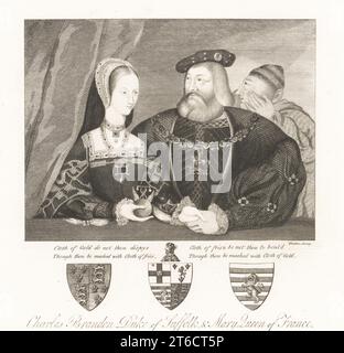 Charles Brandon, 1. Herzog von Suffolk, 1484-1546, und Mary Tudor, Königin von Frankreich, 1496-1533. Er in Hut, pelztem Mantel, Kragen des Kleides, sie in Kapuze, bekleidet Kleid, hält ein Emblem. Wappen darunter. Kopie des Hochzeitsportraits von 1515 mit zusätzlicher Figur, die Brandon ins Ohr flüstert, Tuch aus Gold ist nicht dein Streitstück, obwohl du mit einem Tuch aus Pommes gemacht wirst, Tuch aus Friese sei nicht zu bould, obwohl du mit einem Tuch aus Gold gemacht wirst. Aus dem Original im Besitz von Samuel Egerton Brydges. Kupferstich von Thomas Trotter nach einem Gemälde von Jan Gossaert aus Samu Stockfoto