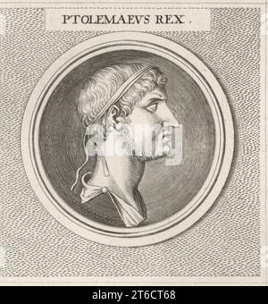 Ptolemäus, König von Mauretanien, 13 v. Chr. - 40 n. Chr. Ptolemäus von Mauretanien, letzter römischer Klientenkönig und Herrscher von Mauretanien für Rom. Berber (Stamm der Massyles) und Sohn von Juba II., König von Numidien. Ptolemaeus Rex. Kupferstich nach einer Illustration von Joachim von Sandrart aus seiner LAcademia Todesca, della Architectura, Scultura & Pittura, oder Teutsche Academie, der Edlen Bau- Bild- und Mahlerey-Kunste, Deutsche Akademie für Architektur, Skulptur und Malerei, Jacob von Sandrart, Nürnberg, 1675. Stockfoto