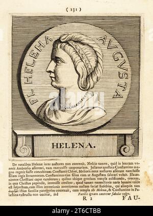 Helena, Helena Augusta, oder Heilige Helena, um 246/248 um 330, Kaiserin des Römischen Reiches und Mutter des römischen Kaisers Konstantin des Großen. Kupferstich von Pieter Bodart (1676–1712) aus Henricus spoors Deorum et Heroum, Virorum et Mulierum Illustrium imagines Antiquae Illustatae, Götter und Helden, Männer und Frauen, illustriert mit antiken Bildern, Petrum, Amsterdam, 1715. Erstmals 1707 als Favissæ utriusque antiquitatis tam Romanæ quam Græcæ veröffentlicht. Henricus Spoor war ein niederländischer Arzt, klassischer Gelehrter, Dichter und Schriftsteller. 1694-1716. Stockfoto