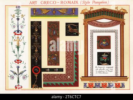 Wandmalereien, Wandmalereien, Tafeln und Grenzen aus Pompeji und Herculaneum, griechisch-römische Kunst. Art Greco-Romain. Stil Pompeien. Chromolithograph entworfen und lithographisch von Ernst Guillot aus Elements dOrnementation pour lEnluminure (Elements of Ornamentation for Illumination), Renouard, Paris, 1890. Stockfoto