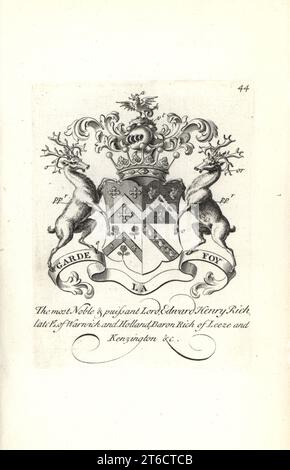 Wappen und Wappen von Lord Edward Henry Rich, 7th Earl of Warwick and Holland, Baron Rich of Leeze and Kensington, 1698-1721. Kupferstich von Andrew Johnston nach C. Gardiner aus der Notitia Anglicana, Die Ihre Leistungen des gesamten englischen Adels Andrew Johnson, The Strand, London, 1724 Ablegte. Stockfoto