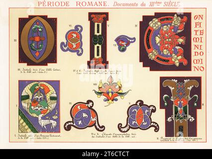 Initialen, angelsächsische Initialen, Gestaltungselemente aus Dokumenten der römischen Zeit, 12. Jahrhundert. Aus einem Neuen Testament und einer Bibel. I,II Nouveau Testament Latin 254, III-V Bibel Latin 8, VI-X Bibel. Chromolithograph entworfen und lithographisch von Ernst Guillot aus Elements dOrnementation pour lEnluminure (Elements of Ornamentation for Illumination), Renouard, Paris, 1890. Stockfoto