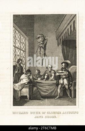 Richard III. Beschuldigt Elizabeth Jane Shore der Verschwörung. Richard Duke of Gloster beschuldigt Jane Shore, 1445-1527. Kupferstich aus M. A. Jones History of England von Julius Caesar bis George IV., G. Virtue, 26 Ivy Lane, London, 1836. Stockfoto