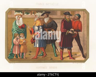 Französische Kostüme aus dem 16. Jahrhundert. Frau im voluminösen cape mit Kind im Kragen. Männer in Dubletten und Schlauch. Kostüme Taucher, Frankreich, XVIe Siecle. Chromolithographie von Moulin aus Charles Louandres Les Arts Somptuaires, The Sumptuary Arts, Hangard-Mauge, Paris, 1858. Stockfoto