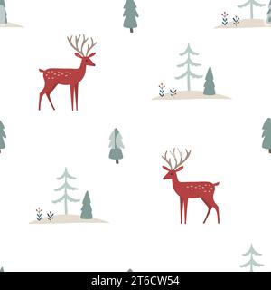 Nahtloses skandinavisches Weihnachtsmuster. Winterstoff, Textildesign. Rote Rentiere, Bäume, Wälder. Dekoratives handgezeichnetes Geschenkpapier. Tier Stock Vektor