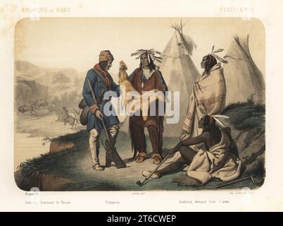 Kostüme von Nordamerika, 1858. Ureinwohner oder Plains Indianer jagen Büffel, europäische Trapper kaufen Felle von Ureinwohnern, tragen Federkopfschmuck und Decken vor ihren Tipis. Indiens Chassant le Bison, Trappeur, handkolorierte und Sepia-getönte Lithographie von Jean-Adolphe Bocquin nach einer Illustration von Auguste Leloir aus Elisabeth Muller (Pseudonym von Leonie Bedelet) Le Monde en Estampes, The World in Prints, Amadee Bedelet, Paris, 1858. Indiens Devant Leur Camp. Stockfoto