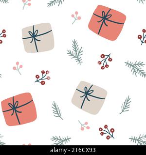 Nahtloses skandinavisches Weihnachtsmuster. Winterstoff, Textildesign. Geschenkboxen mit Bändern, Tannenzweigen, Beeren. Dekorativ handgezeichnet Stock Vektor