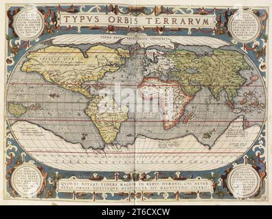 Theatrum Orbis Terrarium, 1592. Der erste moderne atlas, angepasst an Mercators Weltkarte; großer farbiger atlas mit Ptolemaios Geographia, 1592; Kontinente, einschließlich Amerika (Novis Orbis), Arktis, Antarktis und Asien. Stockfoto