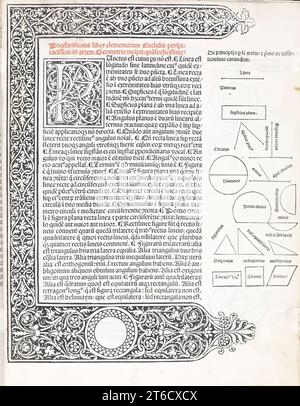 Elementa geometriae, 1482. Seite aus Euklids „Elements“, einer mathematischen Abhandlung, die aus 13 Büchern besteht, die dem griechischen Mathematiker Euklid um 300 v. Chr. zugeschrieben werden. Stockfoto