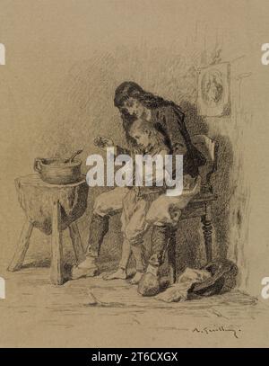 Innenraum, Mann, der dem Jungen das Beten beibringt, 1840. Stockfoto