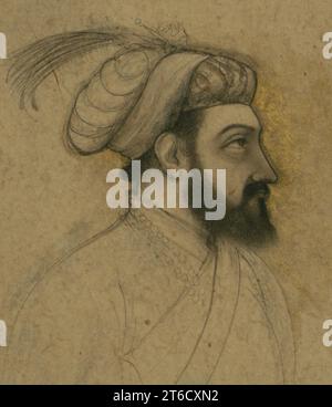 Einzelblatt eines Portraits von Shah Jahan, Mitte des 11. Jahrhunderts AH/17. Jahrhundert n. Chr. Diese kleine Zeichnung ist ein Porträt des 5. Mogul-Kaisers Shah Jahan (1592–1666). Nach dem Tod seiner Frau Mumtaz Mahal ordnete er den Bau des Taj Mahal an. Stockfoto