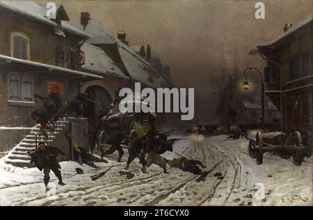 Der Angriff bei Dawn, 1877. Die Szene ist eine französische Stadt im Jura, nahe der Schweizer Grenze. Als ein Bugler den Alarm auslöst, stürzen französische Truppen (algerische Schützen und Mitglieder der Garde Mobile) aus einem gasthaus, um sich gegen die vorrückenden Preußen zu verteidigen. Anstatt sich auf die Niederlage Frankreichs im Deutsch-Französischen Krieg (1870–1871) zu konzentrieren, spezialisierte sich de Neuville, ein Veteran des Krieges, auf Werke, die den heldenhaften Widerstand seines Landes glorifizieren und nicht auf seine militärische Niederlage. Er unternahm außergewöhnliche Anstrengungen, um die Themen faktisch neu zu gestalten, indem er die Schlachtfelder erneut besuchte und die Waffen, Uniformen, Stockfoto
