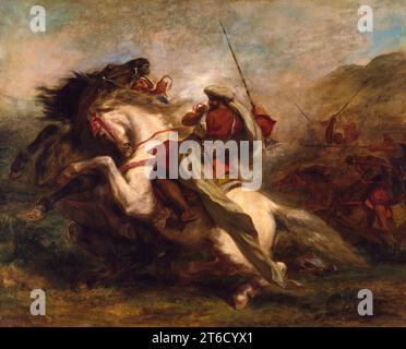 Kollision der maurischen Reiter, 1843-1844. Delacroix verwendet fließende Pinselarbeiten, um die Farbe und Bewegung einer arabischen Fantasia oder zeremoniellen Kavallerie-Angriff zu erfassen, die Schlacht nachahmt, er war Zeuge am Hof von Sultan Abd-er-Rahmen von Marokko (1778–1859), als er Graf Charles de Mornay 1832 auf einer diplomatischen Expedition im Auftrag von König Ludwig Philippe von Frankreich begleitete. Er fokussiert sich auf zwei Reiter, die aus den Reihen gebrochen sind, ihre Pferde erschreckt über den gleichzeitigen Abfeuern von Waffen, die das Manöver beenden. Stockfoto