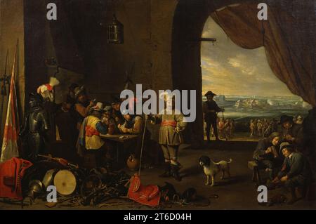 Der Wachraum, 1642. In den 1640er Jahren, am Ende des Dreißigjährigen Krieges (1618–48), in dem Protestanten gegen Katholiken ausgespielt wurden, war das militärische Leben ein beliebtes Thema der Kunst. Teniers stellt einen Wachraum dar, in dem Soldaten ihre Zeit zwischen den Einsätzen verbrachten. Die Rüstungen und Waffen auf dem Boden oder an der Wand sind die von gewöhnlichen Soldaten, nicht von Offizieren. Die Kleidung des Offiziers identifiziert ihn als aus Polen oder Ungarn, beide Länder verbündet mit den Habsburgern. Stockfoto