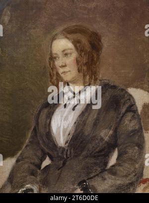 Porträt einer Frau, 1846-1849. Das Motiv wird in einer Dreiviertellänge dargestellt und dreht sich leicht nach links. Ihre Frisur, die in einem Brötchen mit einer Kaskade von Korkenzieher-Locken entlang der Seite des Kopfes zurückgezogen wurde, war auf beiden Seiten des Atlantiks modisch und trägt dazu bei, das Porträt auf die 1840er Jahre zu datieren Obwohl sie ihre Augen demureliert nach unten richtet, ist der klare Blick und der entschlossene Ausdruck der jungen Frau eine Charakterstärke. Das Thema wird nicht identifiziert, aber sie ähnelt der ersten Frau des Künstlers, Mary Theresa Buckler, mit der er eine stürmische und letztlich gescheiterte Beziehung hatte. Stockfoto