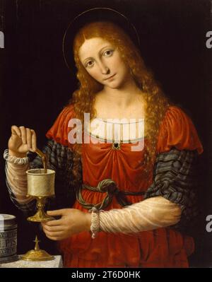 St. Maria Magdalena, 1524. Nach kirchlicher (aber nicht biblischer) Überlieferung war Maria Magdalena (wahrscheinlich, dass sie aus der Stadt Magdala kam) eine sündige Frau, die bei der Begegnung mit Christus ihre früheren Wege bereute. Sie war bei der Kreuzigung anwesend und ging später, um Christi Leichnam (gemäß dem jüdischen Grabritual) zu salben, nur um festzustellen, dass er auferstanden war. Wie in diesem Gemälde wird die Magdalene oft als große Schönheit mit langen goldenen Haaren dargestellt. Hier wird gezeigt, dass sie die Salbe aus einem Maiolica-Apothekengefäß in ein kleineres Gefäß überführt. Stockfoto