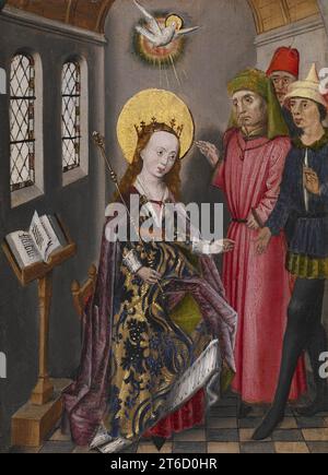 Teil eines Altars mit drei Szenen aus dem Leben der Heiligen Katharina, um 1480. Katharina von Alexandria war eine der beliebtesten Heiligen im mittelalterlichen Westeuropa. Die Legende beschreibt sie als eine Weise und schöne Jungfrau von edler Geburt, die für ihre christliche Arbeit hingerichtet wurde. Dieses Bild und die beiden zugehörigen Tafeln zeigen, wie Katharina den römischen Kaiser konfrontierte, die gelehrten Heiden bekehrt, die ihren christlichen Glauben widerlegen sollten, und mit Hilfe des Heiligen Geistes eine zweite Gruppe von Gelehrten verwirrt, die sie im Gefängnis besuchen sollten. Die Tafeln waren einst Teil eines Triptychons b Stockfoto