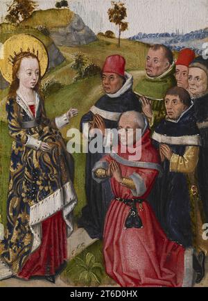 Die Heilige Katharina bekehrt die Gelehrten, um 1480. Katharina von Alexandria war eine der beliebtesten Heiligen im mittelalterlichen Westeuropa. Die Legende beschreibt sie als eine Weise und schöne Jungfrau von edler Geburt, die für ihre christliche Arbeit hingerichtet wurde. Dieses Bild und die beiden zugehörigen Tafeln zeigen, wie Katharina den römischen Kaiser konfrontierte, die gelehrten Heiden bekehrt, die ihren christlichen Glauben widerlegen sollten, und mit Hilfe des Heiligen Geistes eine zweite Gruppe von Gelehrten verwirrt, die sie im Gefängnis besuchen sollten. Die Tafeln waren einst Teil eines Altaraufsatzes, der die gesamte Geschichte von Catheri erzählt Stockfoto