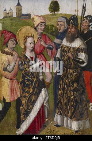 Die Heilige Katharina stellt sich dem Kaiser gegenüber, um 1480. Katharina von Alexandria war eine der beliebtesten Heiligen im mittelalterlichen Westeuropa. Die Legende beschreibt sie als eine Weise und schöne Jungfrau von edler Geburt, die für ihre christliche Arbeit hingerichtet wurde. Dieses Bild und die beiden zugehörigen Tafeln zeigen, wie Katharina den römischen Kaiser konfrontierte, die gelehrten Heiden bekehrt, die ihren christlichen Glauben widerlegen sollten, und mit Hilfe des Heiligen Geistes eine zweite Gruppe von Gelehrten verwirrt, die sie im Gefängnis besuchen sollten. Die Tafeln waren einst Teil eines Altaraufsatzes, der die gesamte Geschichte von Catheri erzählt Stockfoto