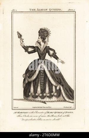 Mrs. Elizabeth Hartley in der Figur der Mary Queen of Scots in John Banks the Albion Queen, Covent Garden Theatre, 1779. Elizabeth Hartley war eine berühmte Schauspielerin auf der Londoner Bühne und skandalöse Figur, 1750?1824. Kupferstich von J. Thornthwaite nach einer Illustration von James Roberts vom Bells British Theatre, bestehend aus den angesehensten englischen Theaterstücken, John Bell, London, 1777. Stockfoto