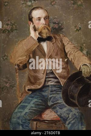 Selbstporträt mit geblümtem Hintergrund, 1848-1850 (?). Der Künstler sitzt in einem Stuhlstuhl, blickt dem Betrachter entgegen, während er nach links abblickt. Seine lässige, aber modische Kleidung umfasst eine willkürlich geknöpfte braune Jacke, ein weißes Hemd mit schwarzer Schleife, eine graue Weste und eine blau-grüne Hose mit einem Schachbrettmuster - der Höhepunkt moderner Mode. Woodville hält einen ungeschickten schwarzen Hut in seiner linken Hand mit grünen Handschuhen; seine ungeliebte rechte Hand umrahmt sein Gesicht in einer Geste der Besinnung. Die hellbraune Tapete mit ihrem sich wiederholenden Muster von Blumensträußen aus rosa Rosen stellt t Stockfoto
