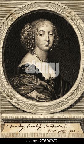 Dorothy Spencer, Countess of Sunderland (16171684), Ehefrau von Henry Spencer, 1. Earl of Sunderland, Tochter von Robert Sidney, 2. Earl of Leicester, und Lady Dorothy Percy. Kupferstich von George Vertue nach einem Gemälde von Anthony van Dyck, veröffentlicht in London, 1790er Jahre Stockfoto