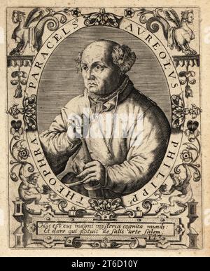 Paracelsus, Schweizer Arzt, Alchemist und Astrologe, 1494-1541. Paracelsus Aureolus Philippus Theophra. Kupferstich von Johann Theodore de Bry aus Jean-Jacques Boissards Bibliotheca Chalcographica, Johann Ammonius, Frankfurt, 1650. Stockfoto