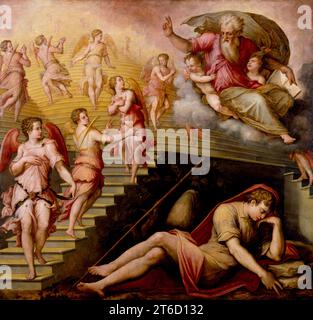 Jacobs Traum, 1557-1558. Wie im alttestamentlichen Buch Genesis erwähnt, legte sich Jakob auf seinem Weg nach Haran in die Wildnis, um zu schlafen, und legte seinen Kopf auf einen Stein. Er träumte von Engeln, die eine Treppe oder Leiter in den Himmel hinaufsteigen und hinabsteigen (hier als monumentale Treppe im Renaissancestil dargestellt). Dann erschien Gott und segnete Jakob und seine Nachkommen. Stockfoto