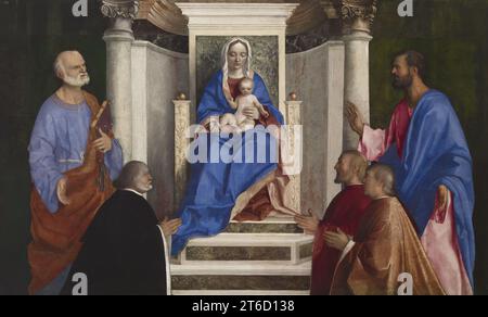 Madonna und Kind mit den Heiligen Peter und Markus und drei venezianischen Prokuratoren, 1510. Stockfoto