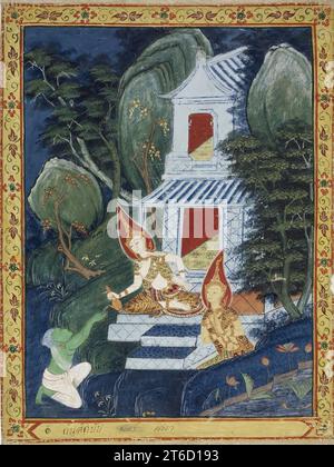 Vessantara Jataka, Kapitel 10 (Indras Reich), 1850-1870. Die Gottheit Indra befürchtet, dass ein unehrenhafter Mensch nach Maddi fragt. Er nimmt daher die Form eines brahmans an und bittet um Maddi für sich. In dieser Szene ist Indra für den Betrachter in seiner angenommenen Form erkennbar, weil seine Haut grün ist, die Farbe, die speziell mit Indra assoziiert ist. Die hier dargestellte Architektur im chinesischen Stil ist ein stilistischer Trend, der in thailändischen Gemälden der Mitte bis Ende des 19. Jahrhunderts immer häufiger vorkam. Stockfoto