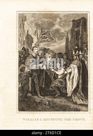 Wilhelm, Duke of Normandie, wurde im Dezember 1066 von Bischöfen in Westminster Abbey zum König von England gekrönt. Eine Seite enthält sein Wappenschild und Ritterhofstandards. William I empfing die Krone. Kupferstich aus M. A. Jones History of England von Julius Caesar bis George IV., G. Virtue, 26 Ivy Lane, London, 1836. Stockfoto