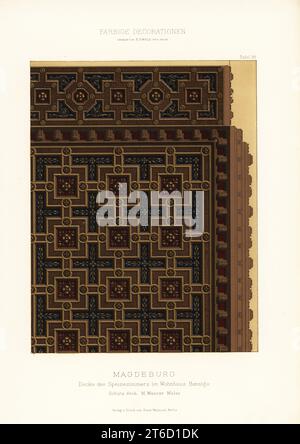 Decke des Speisesaals im Hennige-Haus, Magdeburg, 1880er Jahre Architektur von Schutz, gemalt von Moritz Meurer. Decke des Speisezimmers im Wohnhaus Hennige, Magdeburg. Schutzbogen. M. Meurer Maler. Moritz Meurer war von 1839 bis 1916 dekorativer Künstler und Professor für Ornament und Design. Chromolithographie aus Ernst Ewalds Farbige Decorationen, Alter und Never Zeit, Ernst Wasmuth, Berlin, 1889. Stockfoto