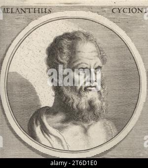 Melanthius, griechischer Maler des 4. Jahrhunderts v. Chr. Er gehörte zur Schule von Sicyon, die für seine feine Zeichnung bekannt war. Melanthus Cycioni. Kupferstich von Philipp Kilian nach einer Illustration von Joachim von Sandrart aus seiner LAcademia Todesca, della Architectura, Scultura & Pittura, oder Teutsche Academie, der Edlen Bau- Bild- und Mahlerey-Kunste, Deutsche Akademie für Architektur, Skulptur und Malerei, Jacob von Sandrart, Nürnberg, 1675. Stockfoto