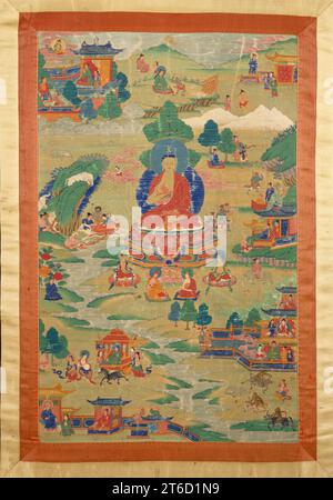 Buddha Shakyamuni mit „Jataka“-Geschichten, Ende des 17. Bis Anfang des 18. Jahrhunderts. Der Buddha Shakyamuni, der im 6. Bis 5. Jahrhundert v. Chr. lebte, erzählt hier Geschichten über seine früheren Existenzen, an die er sich erinnerte und von denen er viele mit seinen Jüngern verwandte. Links zum Beispiel ist der zu werdende Buddha ein Elefant, der von einer Klippe in den Tod sprang, damit sich die Menschen an seinem Körper ernähren konnten. Unten rechts ist er ein wilder Büffel, der erklärt, dass er sich nicht an einem Affen rächen will, der ihn gequält hat. Stockfoto