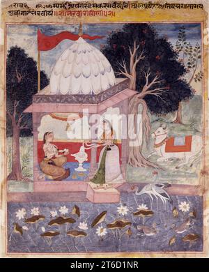 Ragini Bhairavi, 1600-1625. Melodische musikalische Themen, bekannt als Modi („Raga“), waren wichtige Themen in Miniaturserien, die im 17. Bis 19. Jahrhundert für die indischen Gerichte produziert wurden. Der Name eines „Raga“ ist Bhairava – ein Gott, der auch der Herr der Musik ist. Bhairavi (Ehefrau von Bhairava) gibt ihren Namen einer „ragini“-Variante. In der Kunst verkörpert sie die "ragini". Sie erscheint hier und verehrt an einem Schrein mit einer "Linga", dem phallischen Emblem des großen Gottes Shiva. Auf der Inschrift oben steht: „Die Messe und die pu Stockfoto