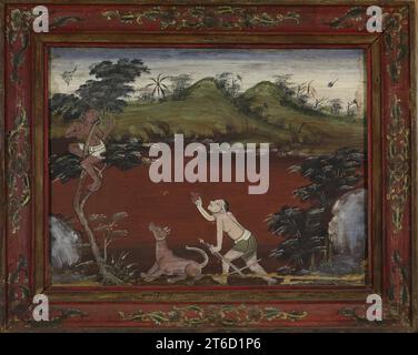 Vessantara Jataka, Kapitel 5: The Woodsman Cataputta's Dogs Send Jujaka up a Tree, Ende des 19. Jahrhunderts. Stockfoto